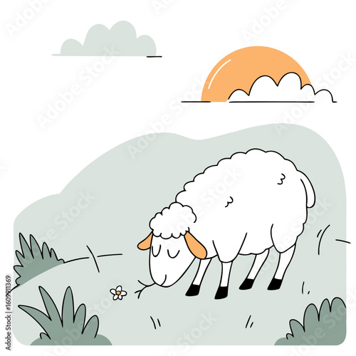 Sheep grazing on grass in a colorful meadow at sunset  