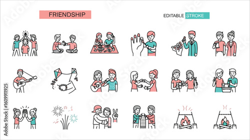Friendship activities icons people celebrating and spending time together
