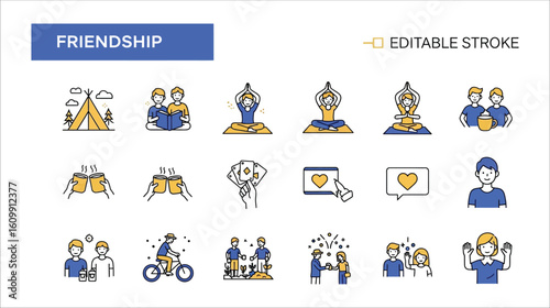 Friendship icons with people camping reading yoga and cycling