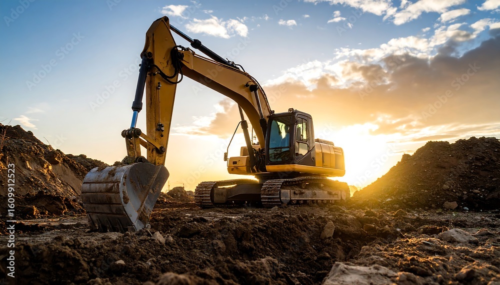 Obraz premium Excavator at sunset