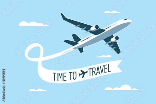 Soar into adventure with a modern jetliner creating a 'Time to Travel' ribbon against a bright blue sky, inspiring wanderlust and global exploration for your next journey.