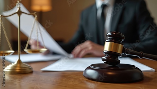 Wallpaper Mural Lawyer in black suit reviewing documents on wooden desk with scales of justice and gavel. Legal pro examines papers. Represents courtroom, law firm, business agreements, policy, and justice system. Torontodigital.ca