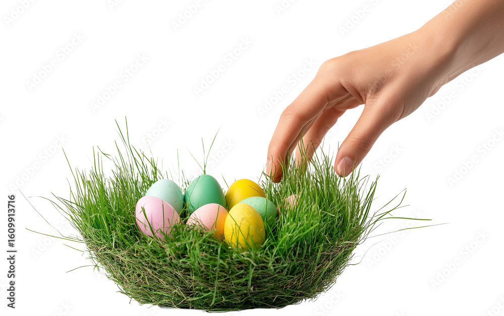 Fototapeta premium Hand reaching into a grass filled basket creating a natural and seasonal moment isolated on transparent background PNG