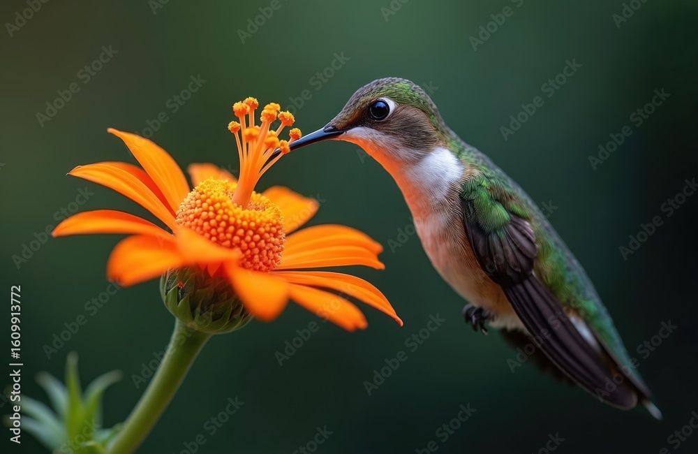 Fototapeta premium Hummingbird sips nectar from vibrant orange flower. Macro shot captures bird delicate features, flower intricate details. Perfect for nature, wildlife themes, spring summer garden beauty.