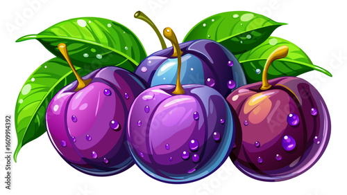 very Beautiful Glossy Purple Plums with Juicy Center and Water Droplets white background