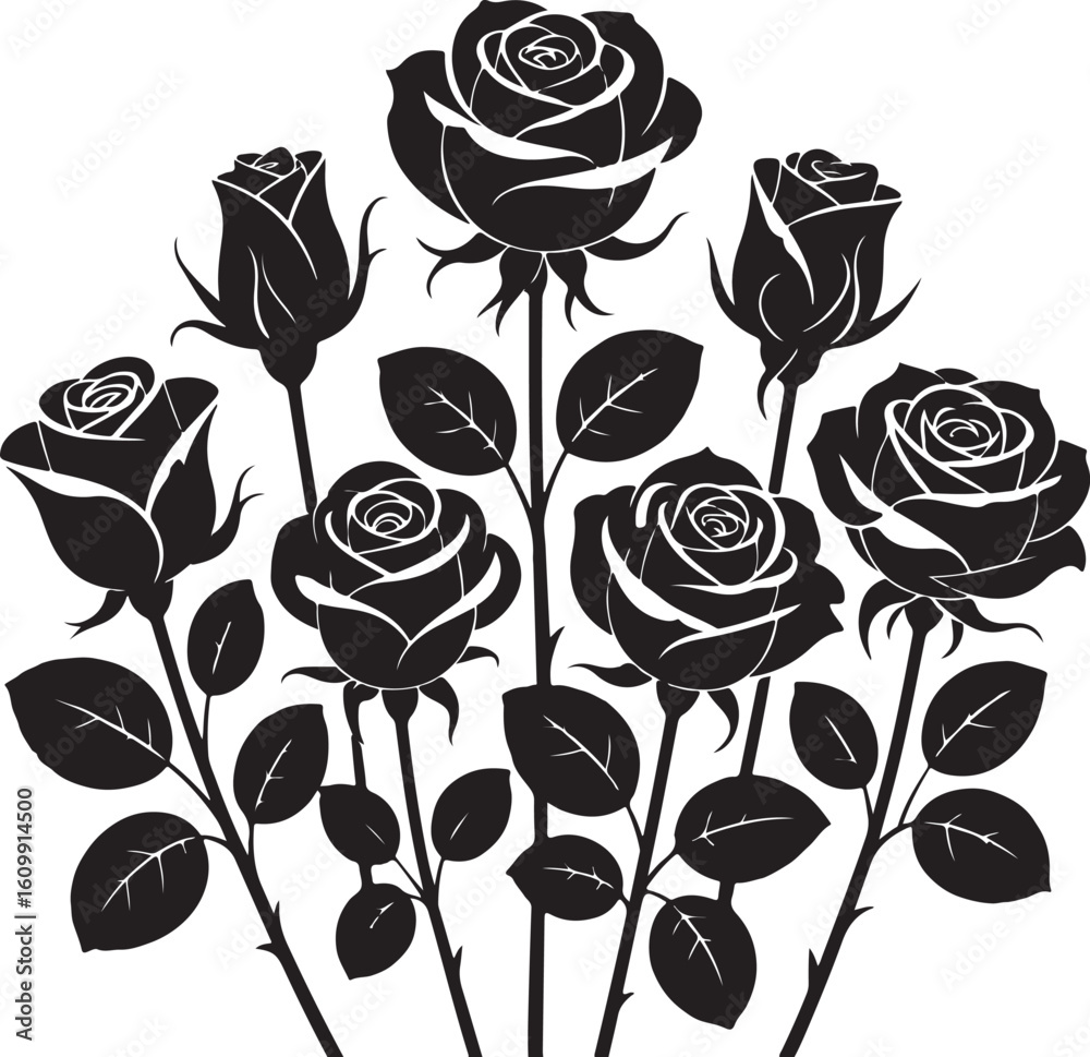 Black roses with leaves and stems floral bloom