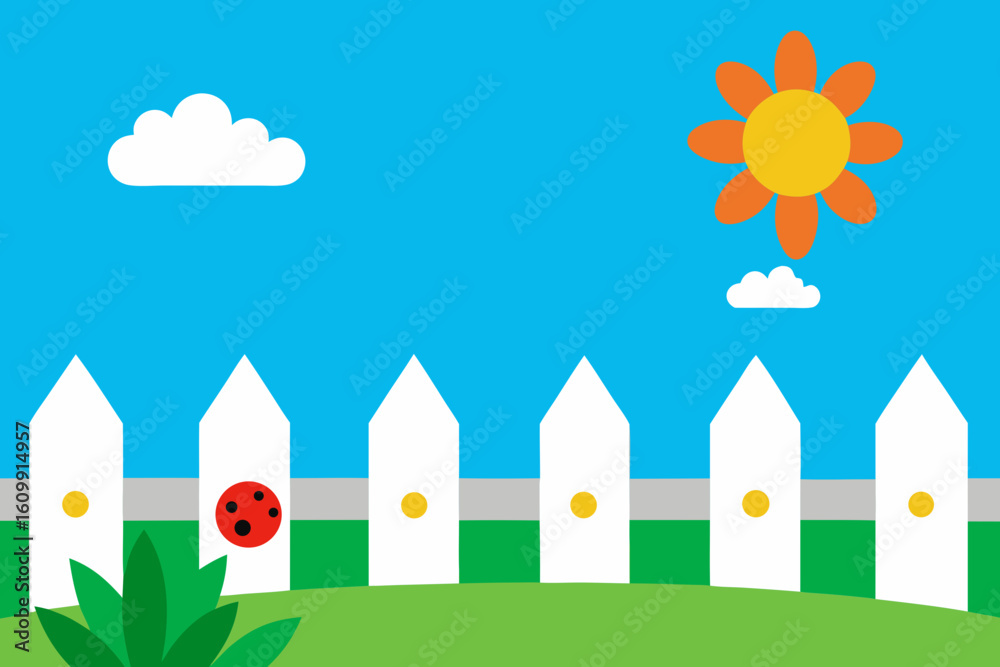 Naklejka premium spring landscape with fence and flowers