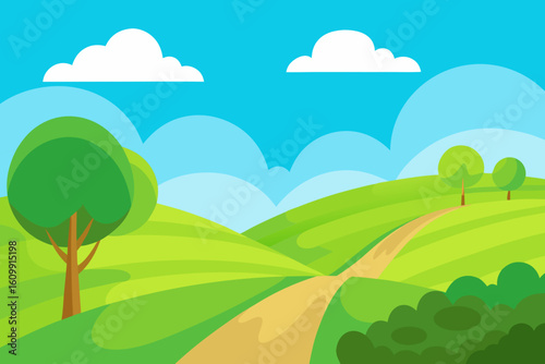 Wide Angle Serene 2D Cartoon Background Illustration Of Nature