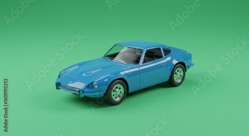 Stunning sky blue classic car model against a vibrant green backdrop with a retro automotive vibe