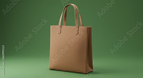 Stylish tan tote bag on green backdrop for branding mockups and trendy lifestyle concepts, earth tones