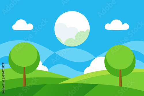Inviting 2D Cartoon Illustration Of A Rolling Green Hills Background