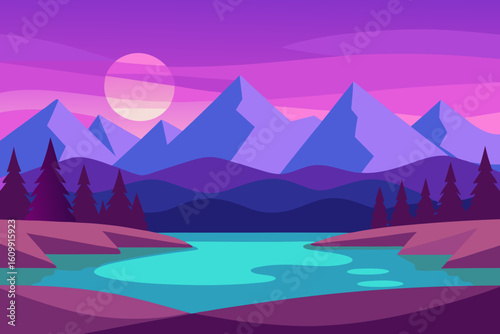 Serene 2D Cartoon Landscape Illustration Featuring Peaceful Scenic View