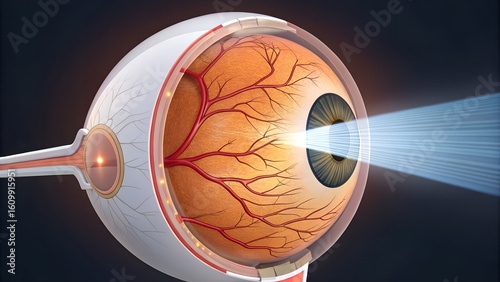 Hyperreal 3D cutaway of the human eye — light rays entering cornea, passing through lens, focusing on retina where photoreceptors activate