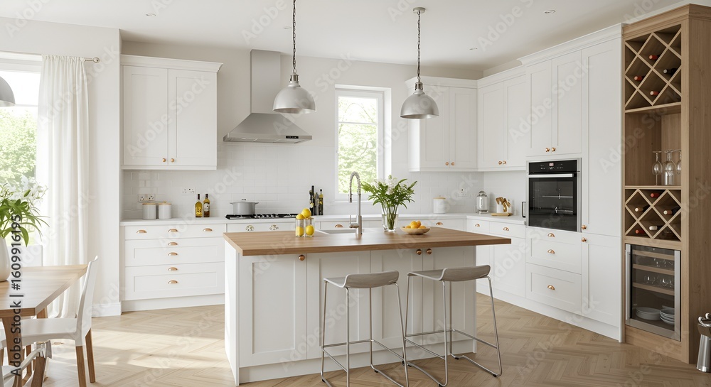Fototapeta premium Bright, modern kitchen with an island, white cabinets, and pendant lights.