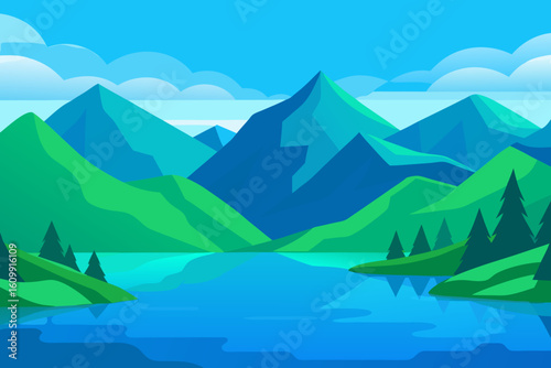 Serene Landscape Illustration Rolling Green Mountains Peaceful Nature View