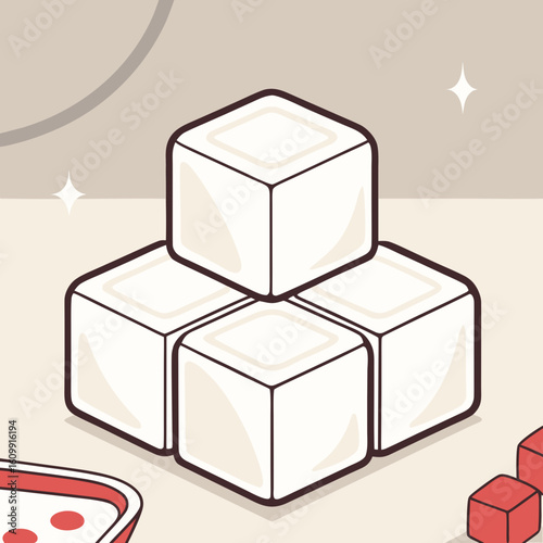 Four white sugar cubes stacked on a beige background with decor  