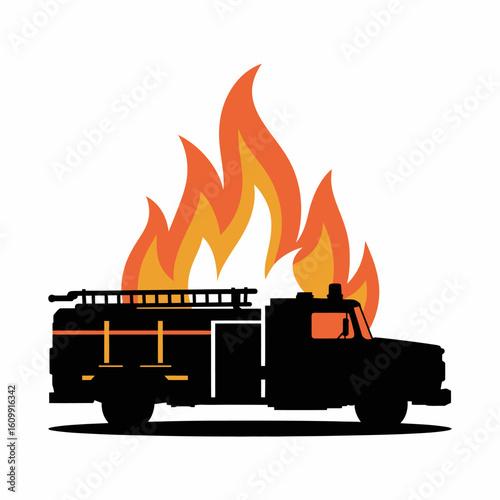 Fire Truck Silhouette with Flames Background