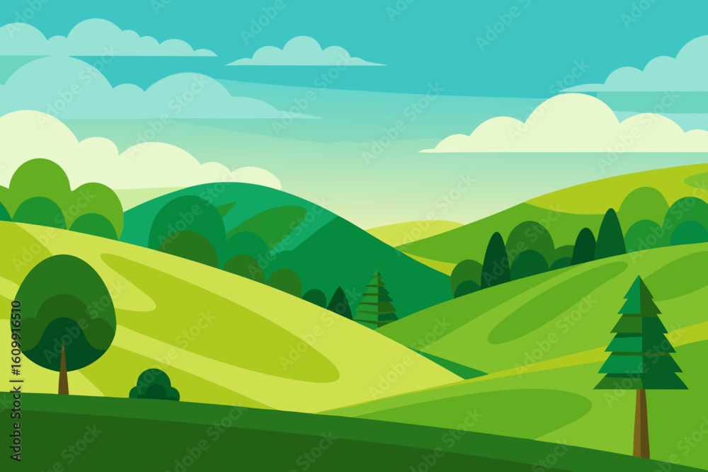 Obraz premium Expansive Illustration Sunny Countryside Scenic View Bright Natural Landscape