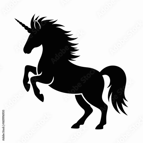 Magical Black Unicorn Silhouette on White Background