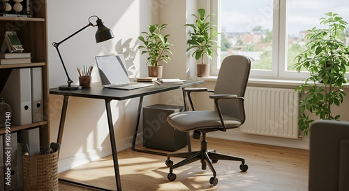 A modern home office space with a laptop, desk, chair, and plants, bathed in natural light.