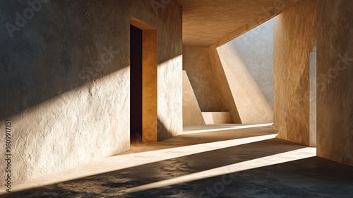 Light streams through beige architectural space. Interior design element for web, editorial, or marketing.