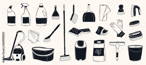 Hand drawn cleaning supplies set. Includes vacuum, brushes, gloves, bottles, mop, bucket. Perfect for household, hygiene, janitorial, and cleanliness themed designs.