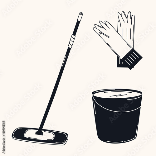 Hand drawn set of cleaning tools in doodle style. Mop, rubber gloves and bucket. Perfect for housekeeping, janitorial service, sanitation projects, infographics, or product packaging design.