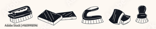 Hand drawn set of cleaning brushes and sponges in doodle style. Perfect for household hygiene, spring cleaning concepts, sanitation icons, or product packaging design.