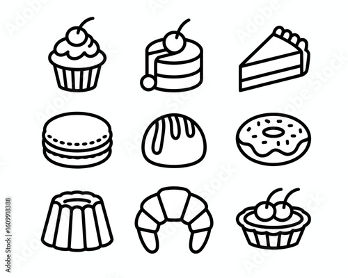 Collection of delicious baked goods and desserts silhouette isolated on white background