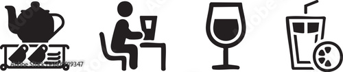 Collection of stylized black and white icons representing beverages and food service including a teapot person working wine glass and iced drink