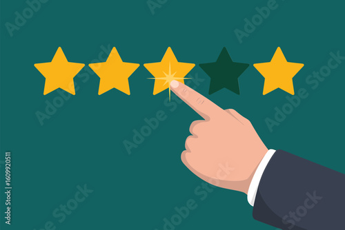 Customer thoughtfully selects a golden star, rating satisfaction with a glowing touch, signaling excellent service and positive feedback experience.