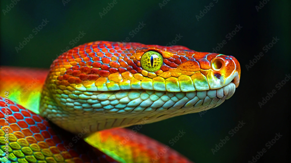 Fototapeta premium Vibrant pit viper head with striking green eye, showcasing intricate scales and vivid colors in a close-up