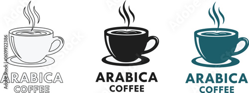 Three arabica coffee logos with steam in line art black and teal on a white background