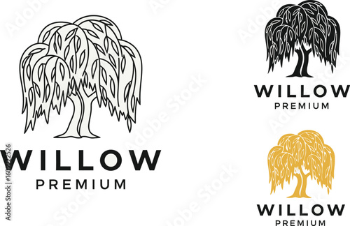 Three willow tree logos in black outline, solid black, and gold with premium text below
