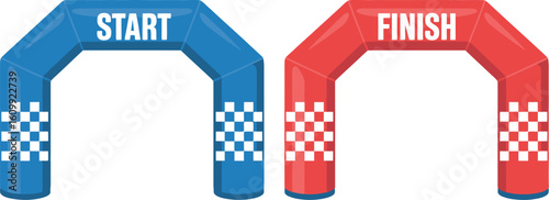A blue start arch and a red finish arch with checkered pattern on the sides on a white background