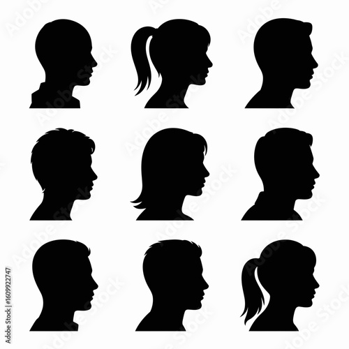 Collection of diverse human head silhouettes in profile isolated on white background silhouette