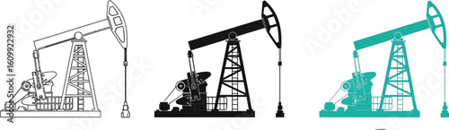 Three oil pump jack illustrations in line art black and teal on a white background