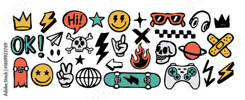 Hand-drawn vector set with cool illustrations like skateboards, smile faces, lightning bolts, game controller, peace sign, and more. Perfect for t-shirts, stickers, and streetwear graphics.