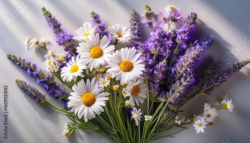 lavender and chamomile flowers create soothing herbal composition showcasing delicate purple and white blooms this serene arrangement evokes sense of calm and tranquility