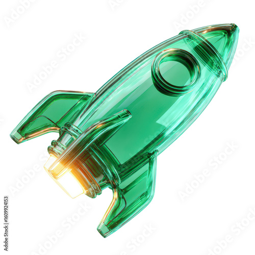 Green glass rocket launching innovation startup technology future, isolated on transparent background, perfect cutout, PNG