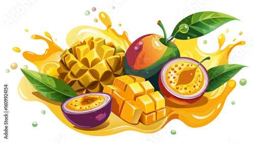 very Beautiful Exotic Mango and Passion Fruit Splash with Fresh Cubes white background