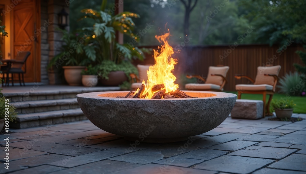 Enjoy outdoor living with stone fire pit, perfect for creating warmth, atmosphere. Features round bowl design with crackling flames, ideal for backyard gatherings, relaxation, entertaining guests Enjoy outdoor living with stone fire pit, perfect for creating warmth, atmosphere. Features round bowl design with crackling flames, ideal for backyard gatherings, relaxation, entertaining guests