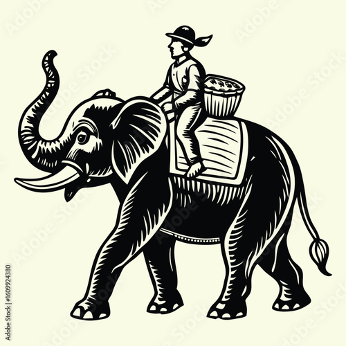 Historical black and white drawing of a traditional Indian or Asian elephant rider