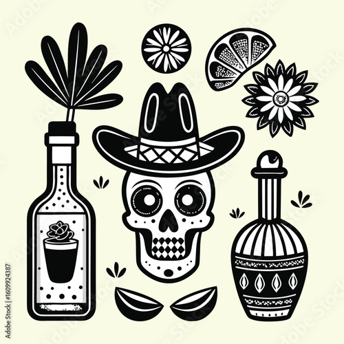 Vintage black and white Mexican etching icons with a skull, tequila, and a cactus