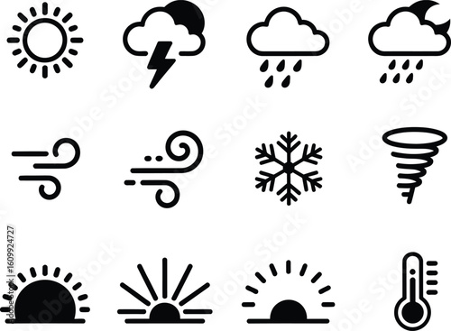 Collection of weather icons representing different atmospheric conditions and forecasts