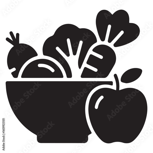 A bowl of fresh vegetables and an apple, isolated on white background, representing a healthy and balanced diet