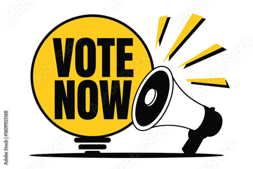 Dynamic VOTE NOW announcement with a glowing lightbulb and a vintage megaphone, inspiring urgent participation and civic engagement for elections and public opinion campaigns