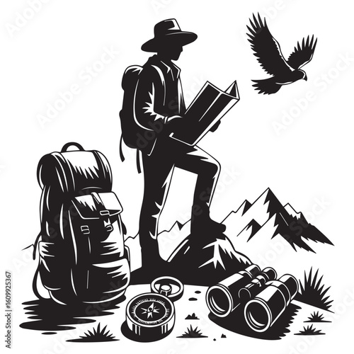 A lone hiker consults a map amidst majestic mountains, with an eagle soaring above, embodying the spirit of outdoor adventure and exploration