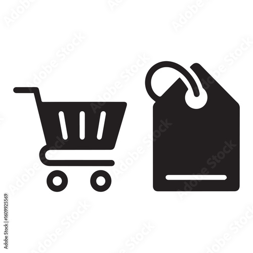 A shopping cart and a price tag are isolated on white background, symbolizing retail, commerce, and the act of buying