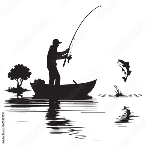 A silhouette of a fisherman in a boat on a lake, fishing, captures the tranquility and peacefulness of outdoor recreation isolated on white background